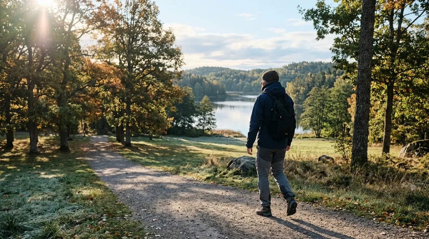 Aktiv man utomhus i nordisk natur - daglig rutin och kosttillskott för mäns välbefinnande